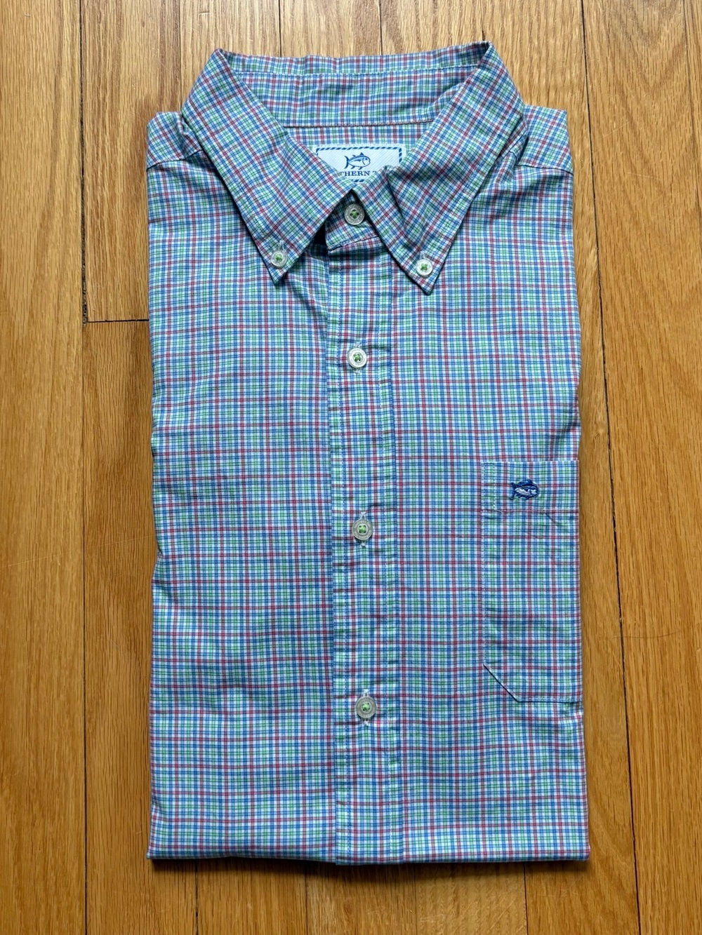 Southern Tide Men’s Long Sleeve Dress Shirt Classic Large Blue Green Red Checks